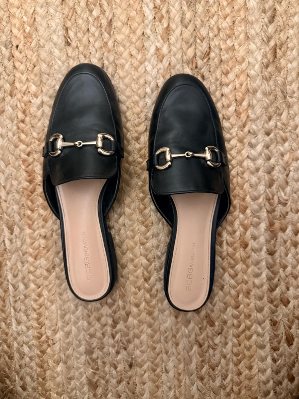 BCBGeneration Black Leather Slip-On Mule with Gold Horsebit SIZE 9